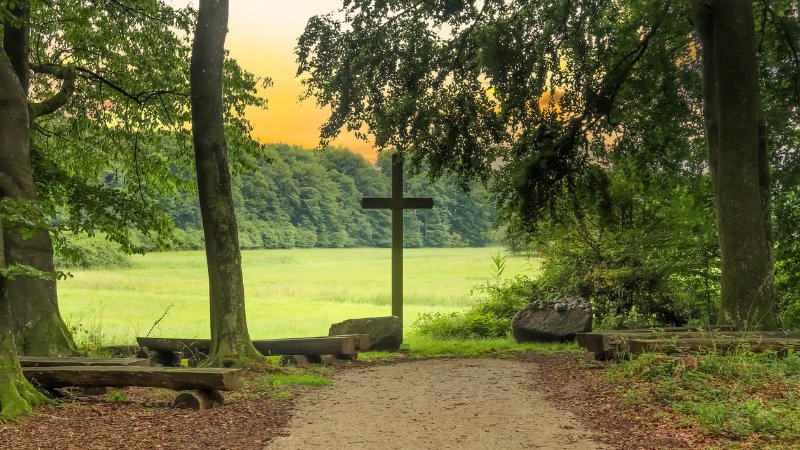Kreuz mit Holzbänken am Waldrand
