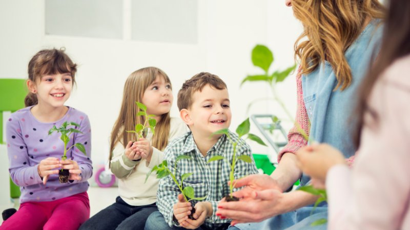 Vorschulkinder halten kleine Pflanzen in den Händen