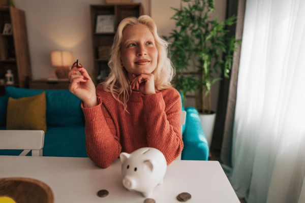 Junge Frau spart für die Rente und freut sich über die staatliche Förderung durch das Altersvorsorgedepot