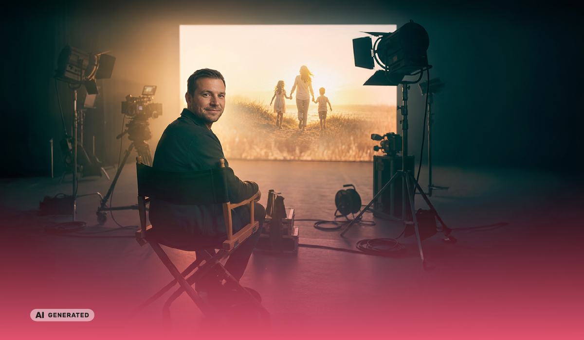 Ein Mann sitzt im Regiestuhl. Im HIntergrund ist eine seine Famile auf einer Film-Leinwand zu sehen. Zukunft in Eigenregie. Die Liebsten schützen mit der Risikoleben der LV 1871. Dieses Bild wurde mit Hilfe von künstlicher Intelligenz generiert.