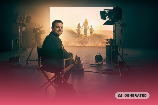 Mann sitzt auf einem Regiestuhl, im Hintergrund sieht man seine Familie auf einer Kino-Leinwand. Dieses Bild wurde mit Hilfe von künstlicher Intelligenz generiert